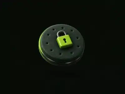 Una galleta redonda con un pequeño candado en verde lima encima que representa las cookies y la privacidad en un sitio web