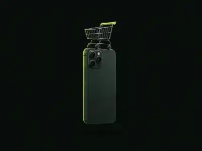 E-commerce móvil: un teléfono con un pequeño carrito de compras